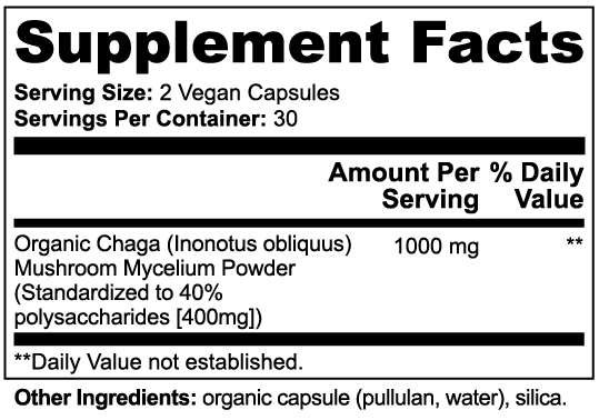 Chaga Mushroom Complex capsules close-up showing chaga immune support formula