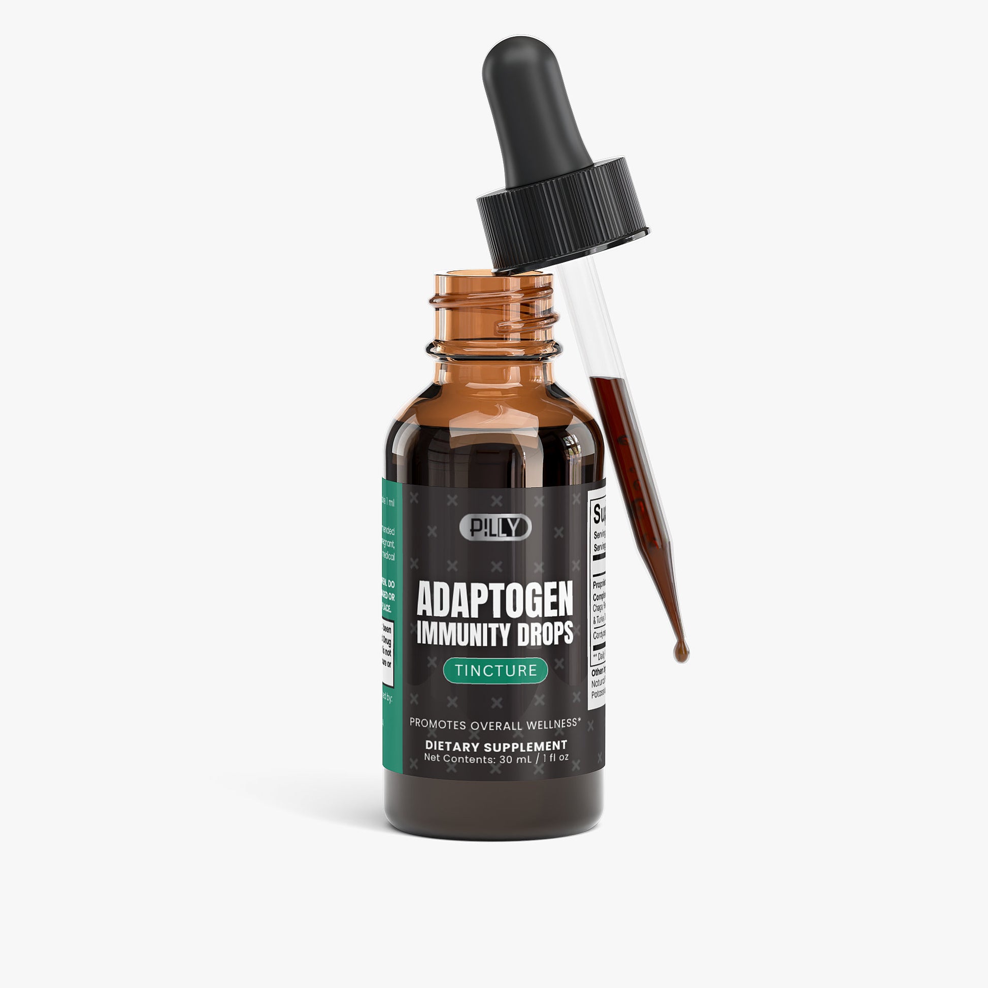 Adaptogen Immunity Drops supplement facts panel showing adaptogen blend ingredients
