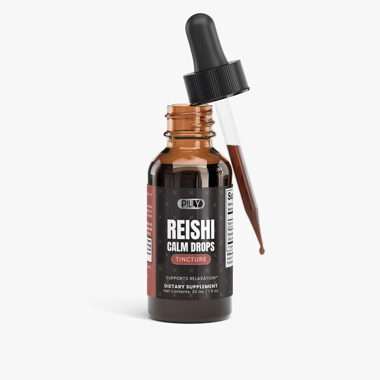 Reishi Calm Drops supplement facts panel showing reishi mushroom extract dosage