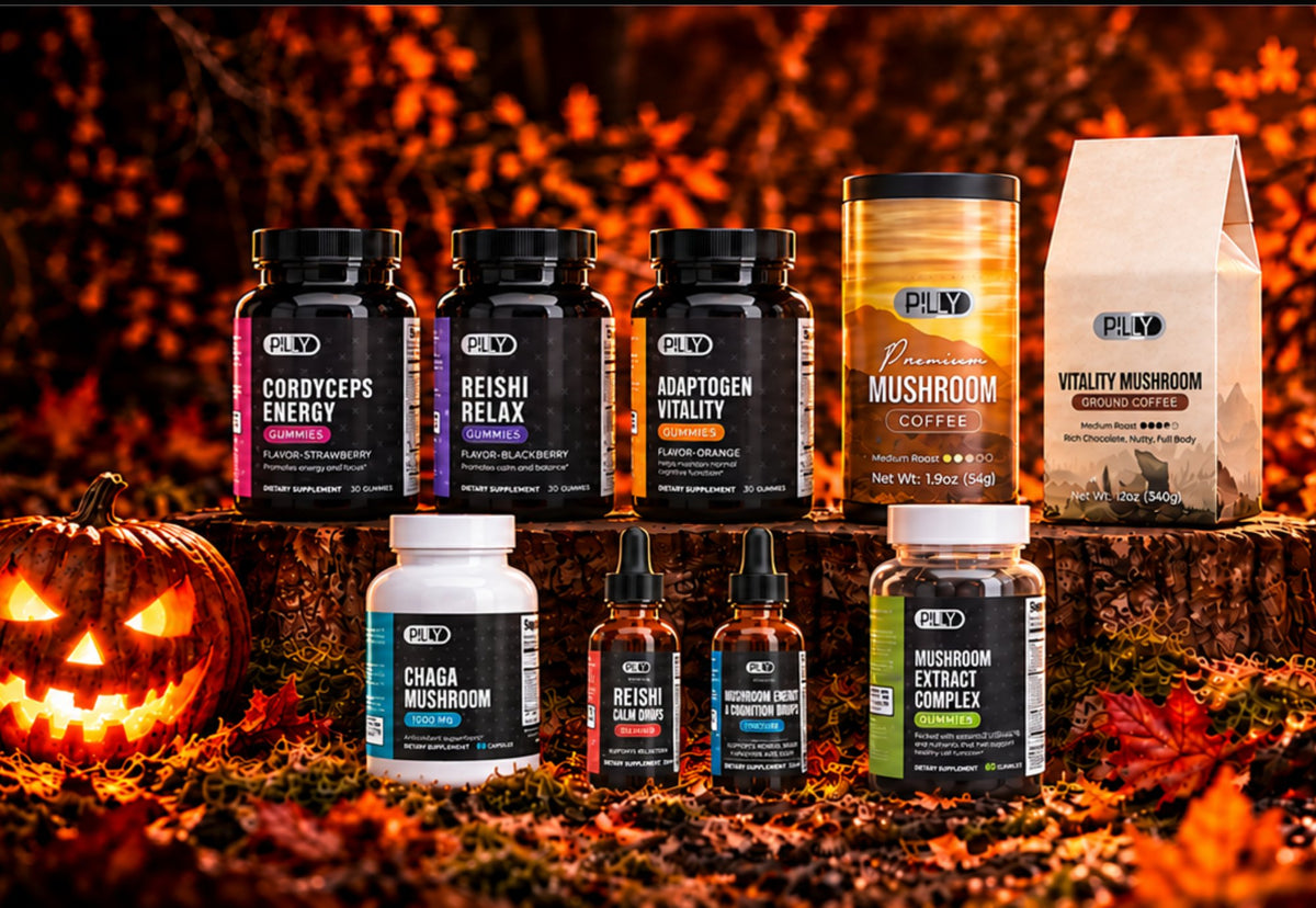 Pilly Labs mushroom supplements in a Halloween pumpkin scene