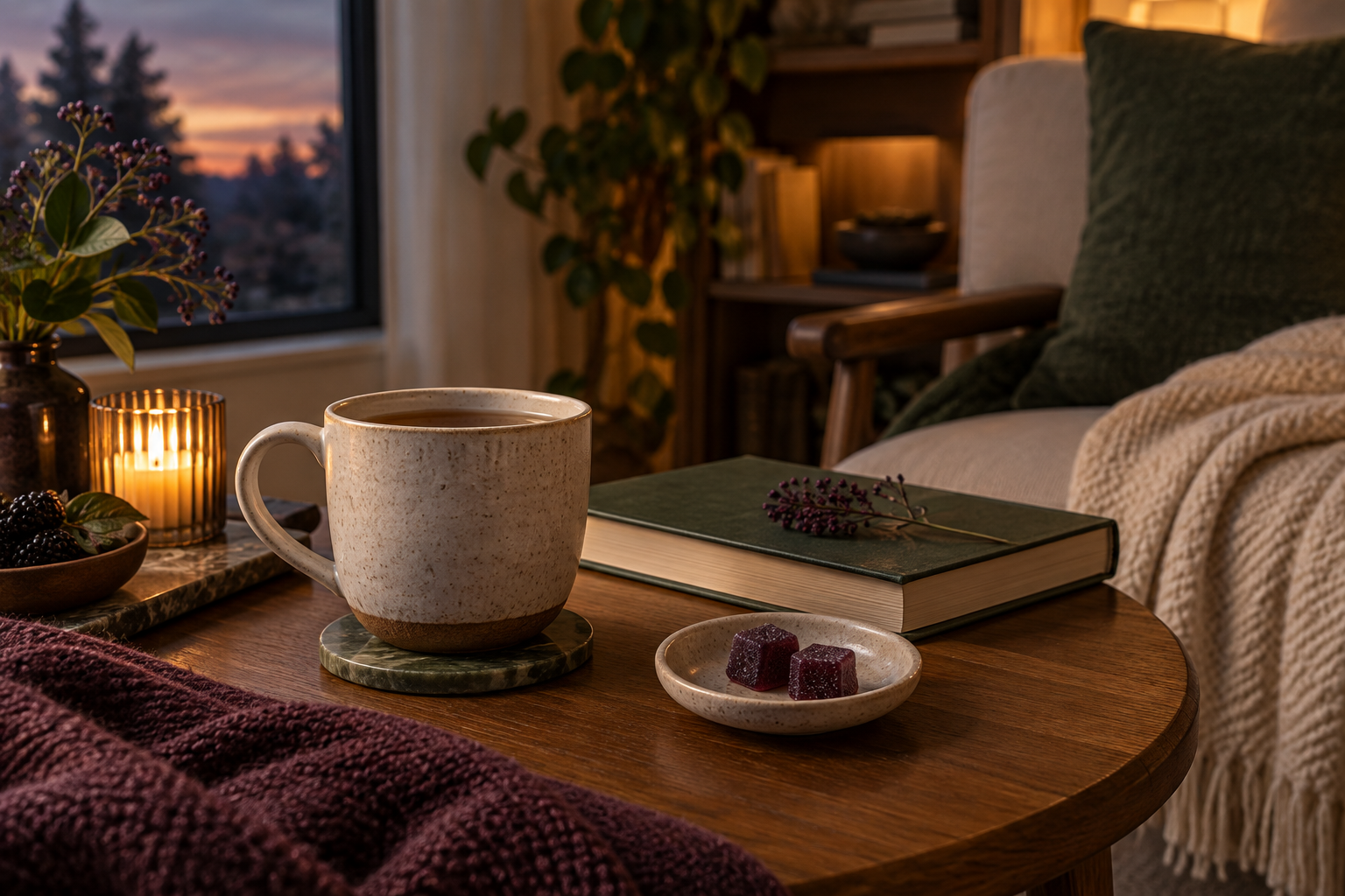 Warm evening reading nook with tea, a book and two plain purple gummies